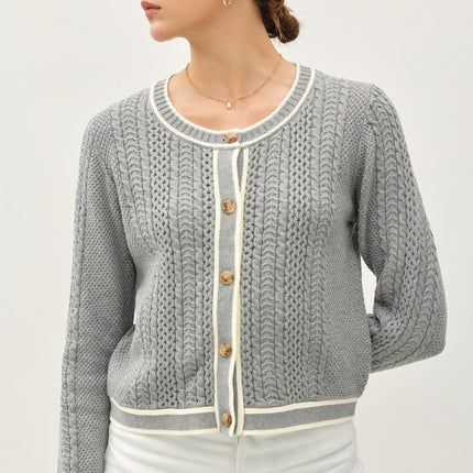 Be Cool Cable Knit Long Sleeve Contrast Edge Cardigan