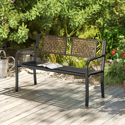 50 Inch Outdoor Metal Garden Bench with Rattan-Like Backrest for 2-3 People-Black