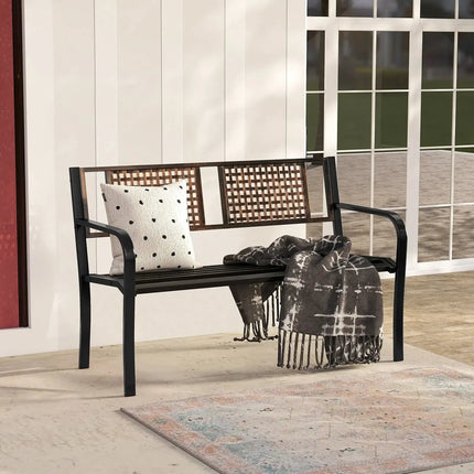 50 Inch Outdoor Metal Garden Bench with Rattan-Like Backrest for 2-3 People-Black