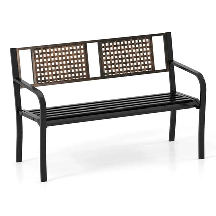 50 Inch Outdoor Metal Garden Bench with Rattan-Like Backrest for 2-3 People-Black
