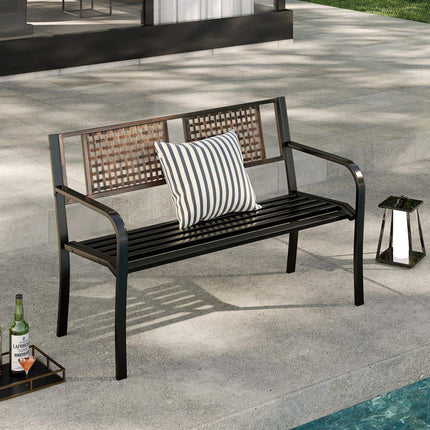 50 Inch Outdoor Metal Garden Bench with Rattan-Like Backrest for 2-3 People-Black