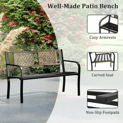 50 Inch Outdoor Metal Garden Bench with Rattan-Like Backrest for 2-3 People-Black