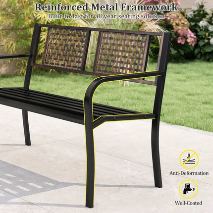50 Inch Outdoor Metal Garden Bench with Rattan-Like Backrest for 2-3 People-Black