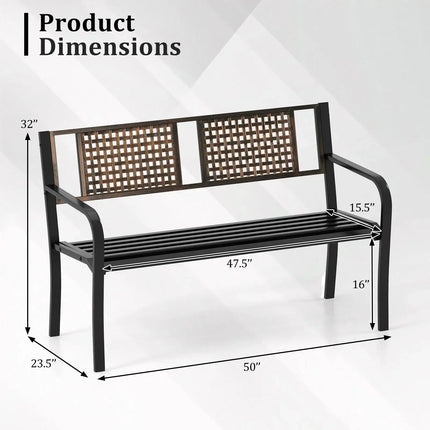 50 Inch Outdoor Metal Garden Bench with Rattan-Like Backrest for 2-3 People-Black