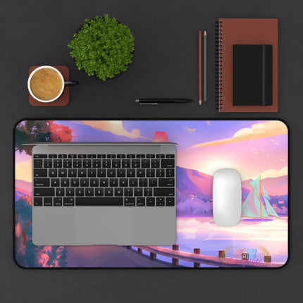 Sunset Lakeside Desk Mat — Pastel Scenic Mouse Pad with Sailboat