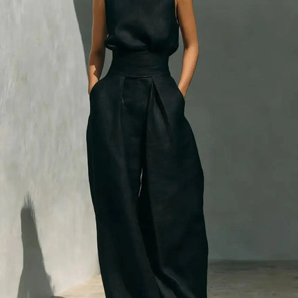 Casual Sleeveless Suit Summer Stand-up Collar Pullover Top And Loose Straight-leg Trousers Women's Clothing (see size chart under more details)