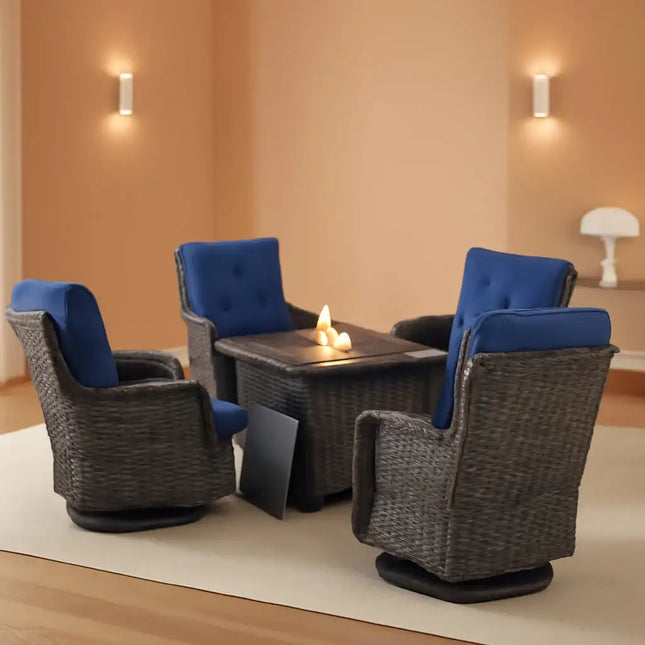 5 Piece Patio Wicker Set With Propane Fire Pit Table