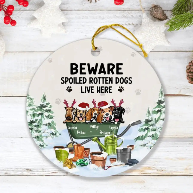 Personalized Xmas Dog Garden Ornament - Up to 5 Dogs - Best Gift For Dog Lover - Beware Spoiled Rotten Dogs Live Here