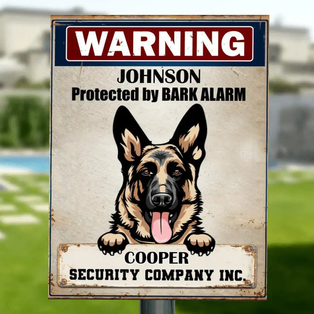Personalized Warning Dog Metal Sign - Gift Idea For Dog Lover - Protected By Bark Alarm