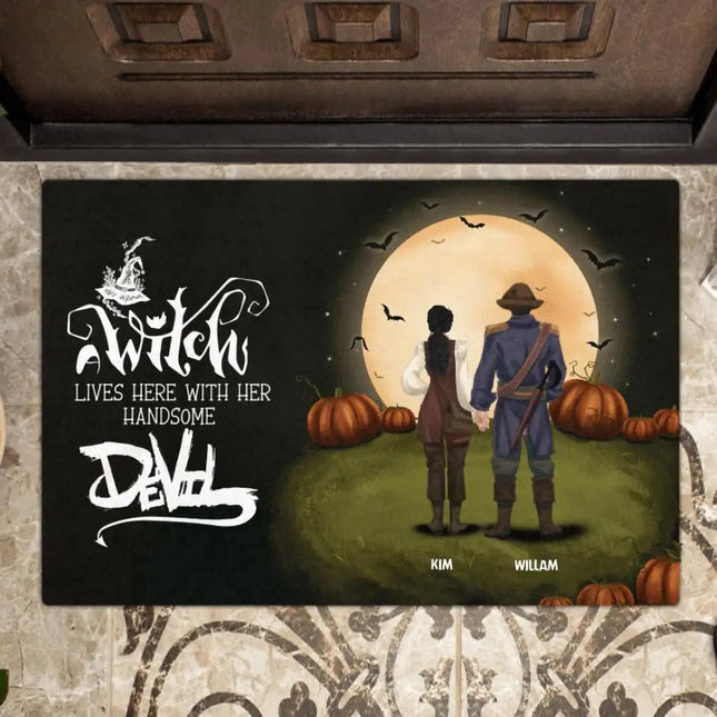 Personalized Witch Doormat - Couple With Up to 3 Kids And 3 Dogs - A Witch Lives Here