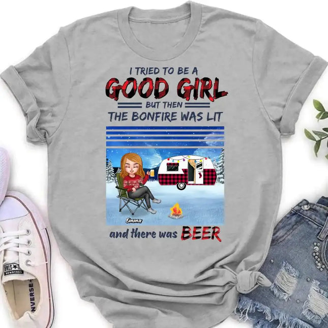 Personalized Xmas Camping Girl Shirt/Hoodie - Christmas Gift For Camping Lover - Girl With Up to 4 Dogs - I Tried To Be A Good Girl