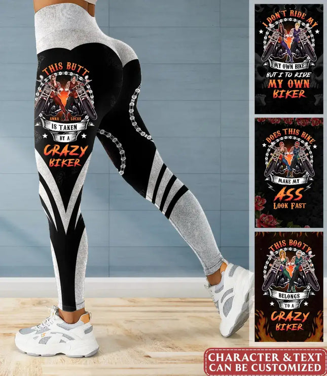 Personalized Biker AOP Women's High Waist Leggings - Gift Idea for Biker/Couple - This Booty Belongs To A Crazy Biker