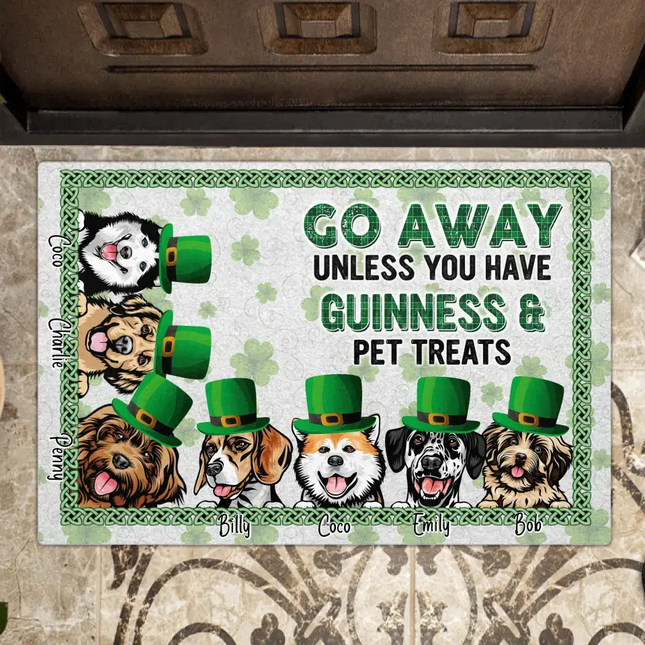 Personalized St Patrick's Day Dog Doormat - Up to 7 Dogs - Gift Idea For St Patrick's Day/Dog Lover - Go Away Unless You Have Guinness & Pet Treats