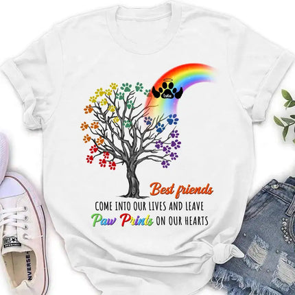 Personalized Rainbow Bridge Memorial Shirt/Hoodie - Memorial Gift Idea For Dog Lover - Up to 4 Dogs - Best Friends Come Into Our Lives And Leave Paw Prints On Our Hearts