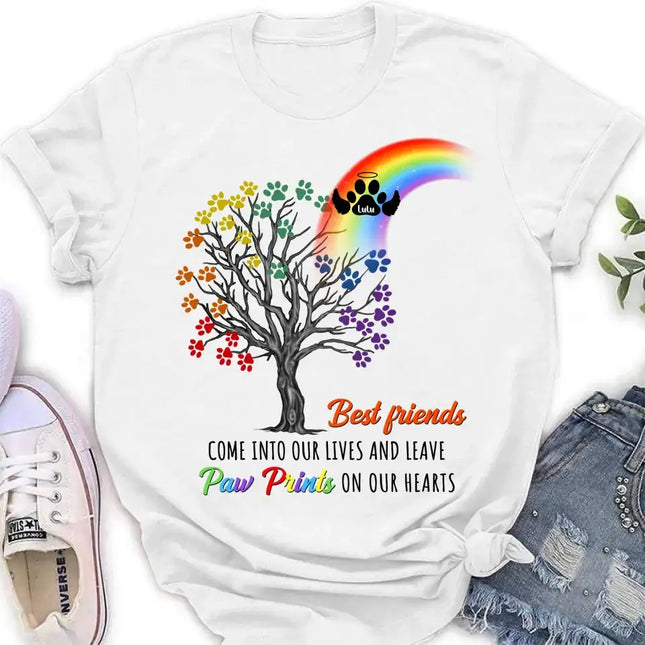 Personalized Rainbow Bridge Memorial Shirt/Hoodie - Memorial Gift Idea For Dog Lover - Up to 4 Dogs - Best Friends Come Into Our Lives And Leave Paw Prints On Our Hearts