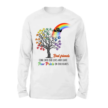 Personalized Rainbow Bridge Memorial Shirt/Hoodie - Memorial Gift Idea For Dog Lover - Up to 4 Dogs - Best Friends Come Into Our Lives And Leave Paw Prints On Our Hearts
