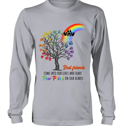 Personalized Rainbow Bridge Memorial Shirt/Hoodie - Memorial Gift Idea For Dog Lover - Up to 4 Dogs - Best Friends Come Into Our Lives And Leave Paw Prints On Our Hearts