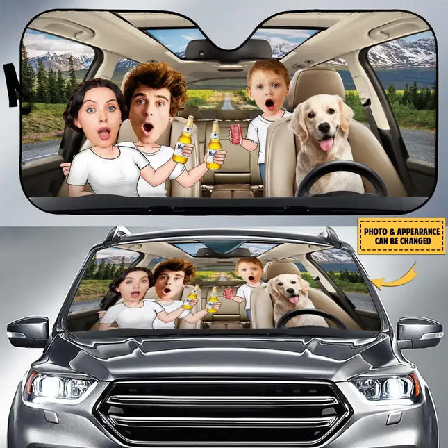 Personalized Photo Dog Driving Family Together Auto Windshield Sunshade - Couple With Kids And Dog- Gift Idea For Family/Couple/ Dog Lover