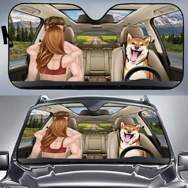 Personalized Photo Dog Driving Family Together Auto Windshield Sunshade - Gift Idea For Couple/Dog Lover