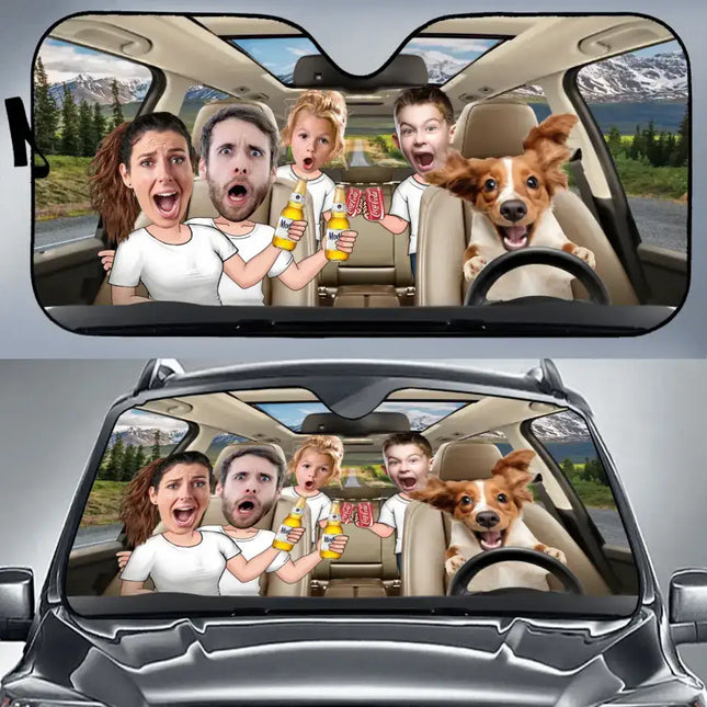 Personalized Photo Dog Driving Family Together Auto Windshield Sunshade - Couple With Kids And Dog- Gift Idea For Family/Couple/ Dog Lover