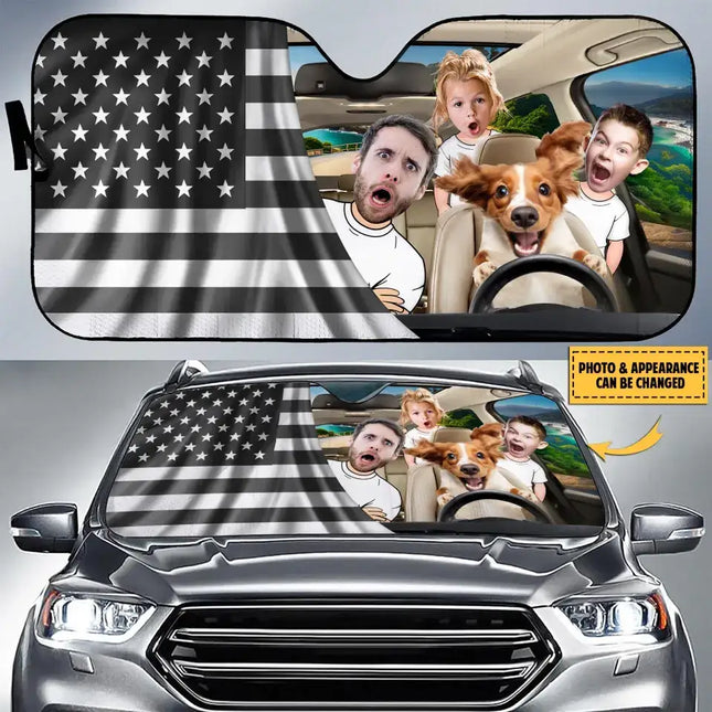 Personalized Photo Dog Driving Family Trip Auto Windshield Sunshade - Couple With Kids And Dog- Gift Idea For Family/Couple/Dog Lover