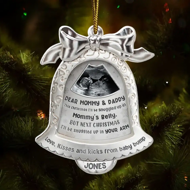 Personalized Baby Bump Acrylic Ornament - Christmas Gift Idea For Parents - Upload Photo - Love, Kisses And Kicks From Baby Bump
