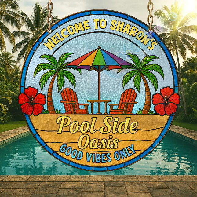 Personalized Poolside Oasis Acrylic Suncatcher - Summer Gift Idea - Pool & Bar