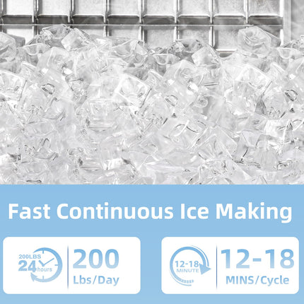 COWSAR Commercial Ice Maker Machine 200Lbs/24H, Stainless Steel Undercounter Ice Maker, Self-Cleaning Freestanding Ice Machine for Home, Bar, Restaurant, Office, Outdoor