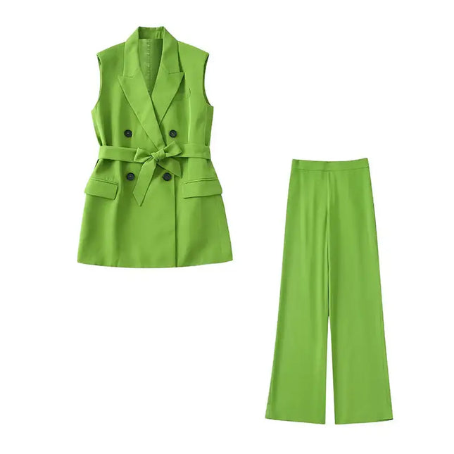 Women's Lapel Waistband Double Breasted Vest Casual Pants (see size guide under more details)