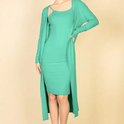 Ribbed Cardigan & Cami Midi Bodycon Dress