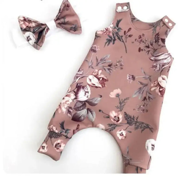 Floral Newborn Baby Girls Sleeve less Printed Rompers Jumpsuit Headband Clothes Sets Outfits For Baby Girls With Bow