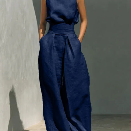 Casual Sleeveless Suit Summer Stand-up Collar Pullover Top And Loose Straight-leg Trousers Women's Clothing (see size chart under more details)