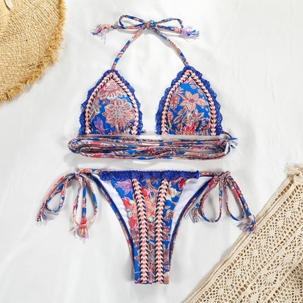 Brazilian Bandage Bikini Floral Print Swimwear Female Triangle Swimsuit Women Swimming Suit Halter Bathing Suit