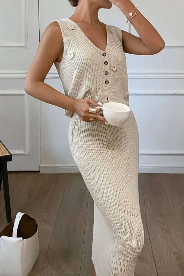 Flower V-Neck Vest and Skirt Sweater Set (see size guide under more details)