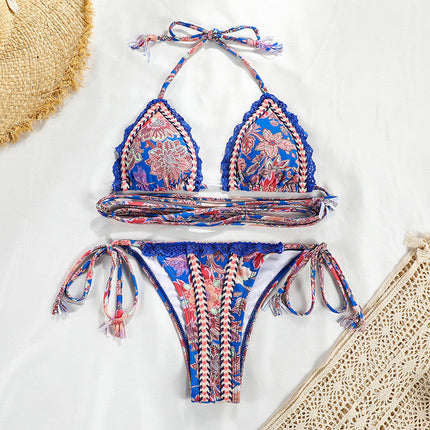 Brazilian Bandage Bikini Floral Print Swimwear Female Triangle Swimsuit Women Swimming Suit Halter Bathing Suit