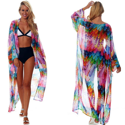 Beach Cover up Chiffon Colorful Feather Print Sun Protection Shirt Sexy Cardigan Loose Beach Cover Up
