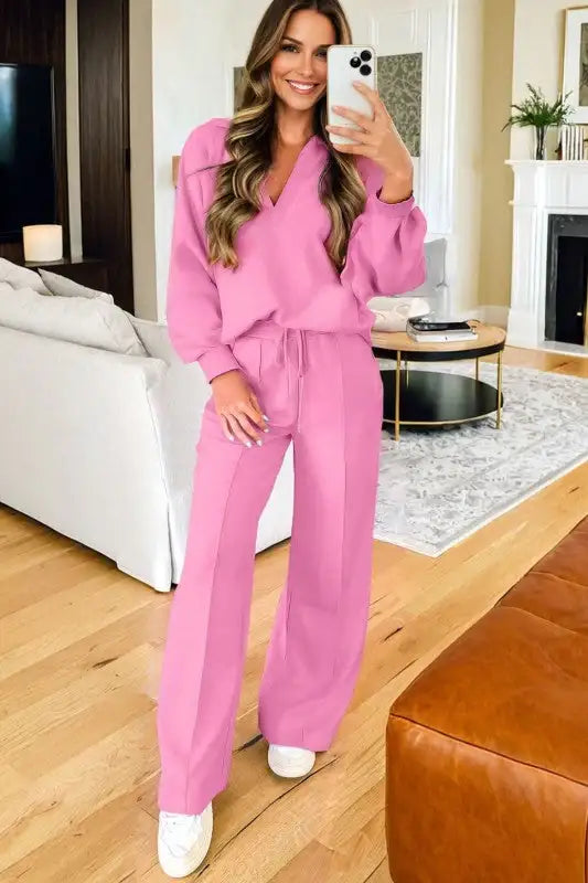 Solid V-Neck Pullover and Drawstring Sweatpants Se