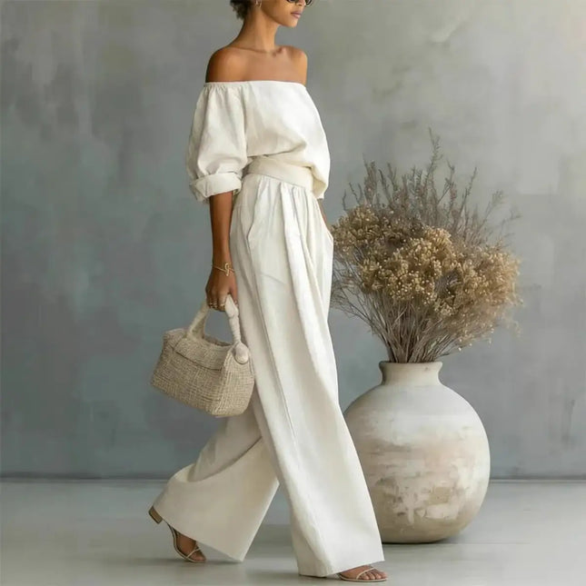 Casual Two-Piece Womens Outfit Off-Shoulder Top And Wide-Leg Pants Set (see size chart under more details)