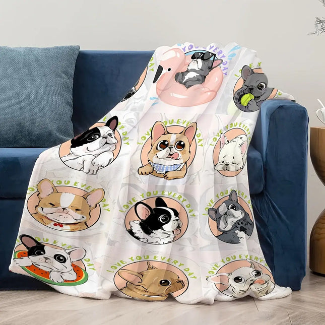 1pc Cute French Bulldog Gentle Blanket Soft Cozy Throw Blanket Nap Blanket Travel Couch Bed Office Home Decor, Gift Blanket, Available All Seasons