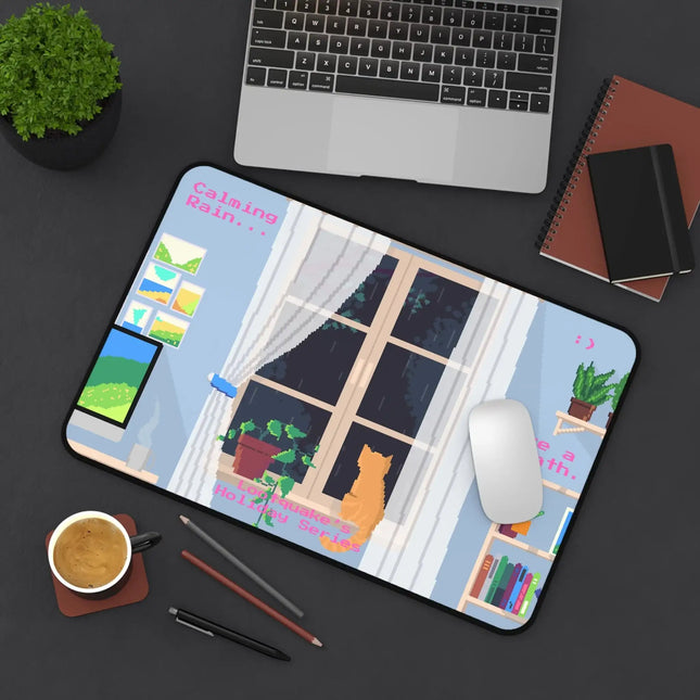 Calming Rain Desk Mat — Cozy Pixel Art Window Scene with Cat (“Take a breath”)