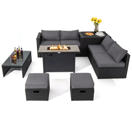 9 Pieces Outdoor PE Rattan Wicker Sectional Sofa with 42 Inch 60 000 BTU Gas Fire Pit Table-Gray