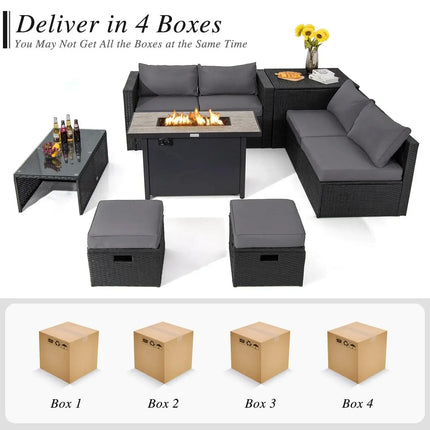 9 Pieces Outdoor PE Rattan Wicker Sectional Sofa with 42 Inch 60 000 BTU Gas Fire Pit Table-Gray