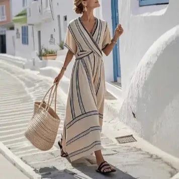 Casual Loose Retro Striped Print Holiday Dress Summer Short Sleeve V Neck Robes Dress Boho Beach Pleated A-Line Long Dress Woman (see size guide under more details)