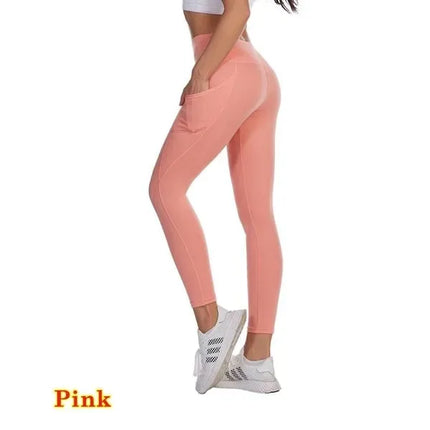High Waist Elastic Workout Leggings Tummy Control Ruched Booty With Pocket
