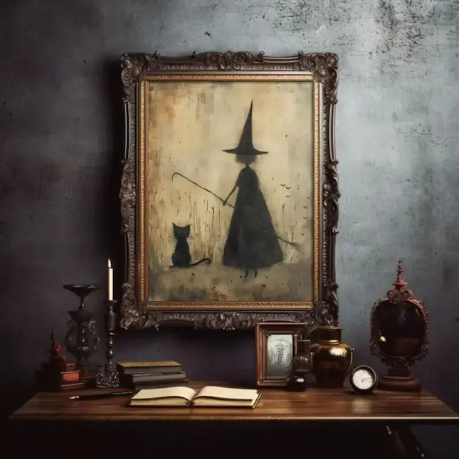 Spooky Halloween Gothic Party Wall Decor 12"X16" Unframed Canvas With Bats Witches & Black Cats For Living Room Bedroom Bathroom