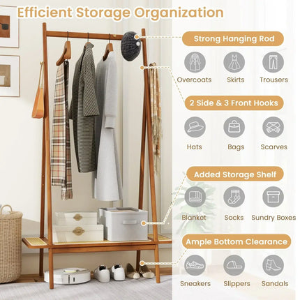 Bamboo Clothes Rack with Hanging Rod Rattan Shelf and Copper Hooks-Brown