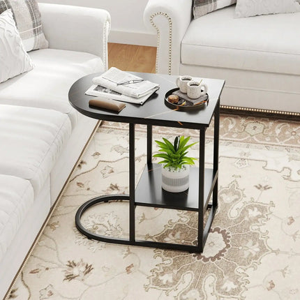 C-shaped Modern Sofa Side Table with Faux Marble Tabletop and Storage Shelf-Black