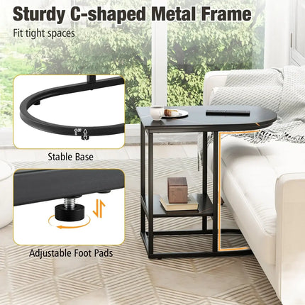 C-shaped Modern Sofa Side Table with Faux Marble Tabletop and Storage Shelf-Black