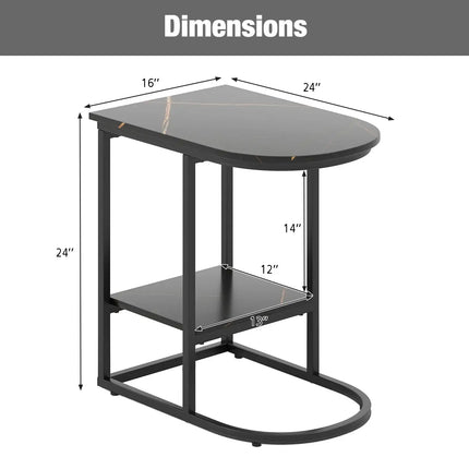 C-shaped Modern Sofa Side Table with Faux Marble Tabletop and Storage Shelf-Black