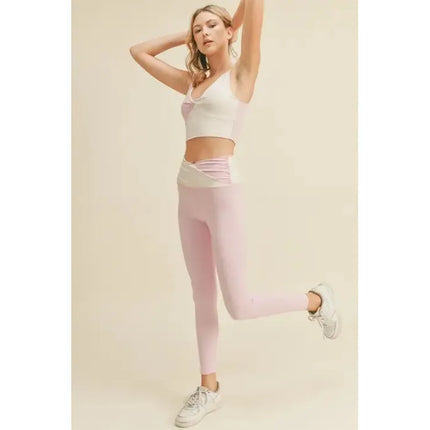 Color Block Front-Twist Top & Leggings Set in Black or Pink [Sizes S-L]